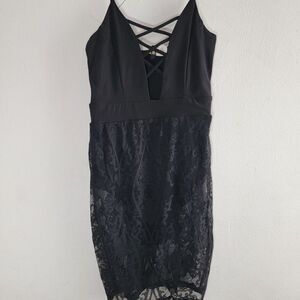 VM Womens Black Floral Lace V Neck Sleeveless Spaghetti Strap Sheath Dress Small
